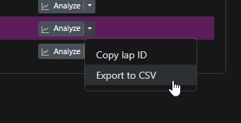 Garage 61 lap list: the dropdown next to the Analyze button is open, showing 'Copy lap ID' and 'Export to CSV'. Click Export to CSV.