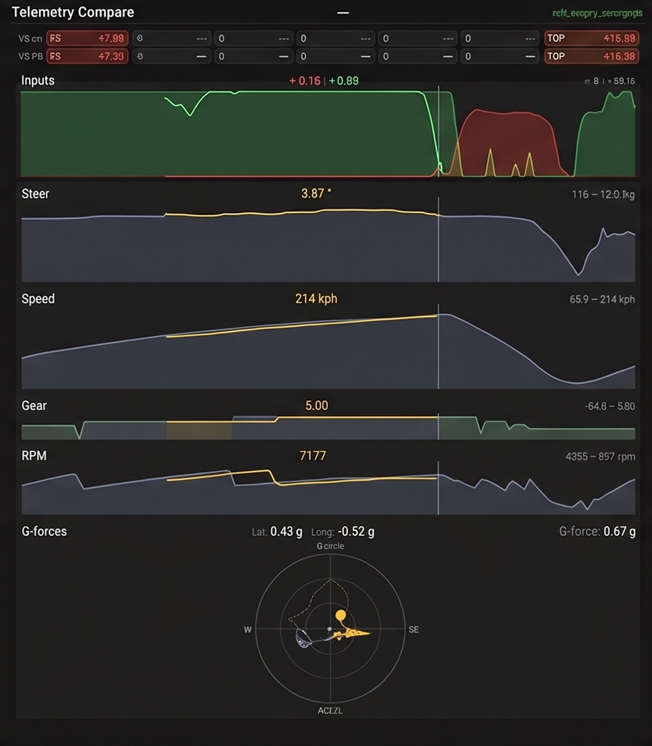 Telemetry Compare overlay: inputs, steer, speed, gear, RPM and G-force traces of your lap against a Garage 61 reference, with a G-force radar at the bottom