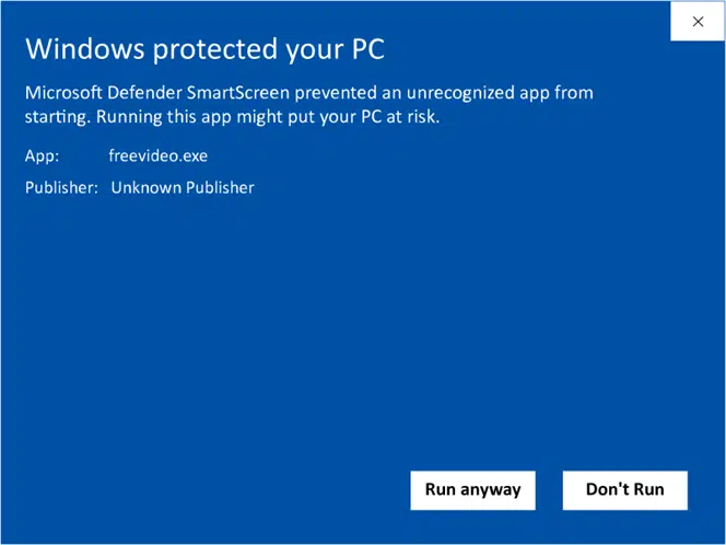 Microsoft Defender SmartScreen dialog reading 'Windows protected your PC. Prevented an unrecognized app from starting', with 'Run anyway' and 'Don't Run' buttons.